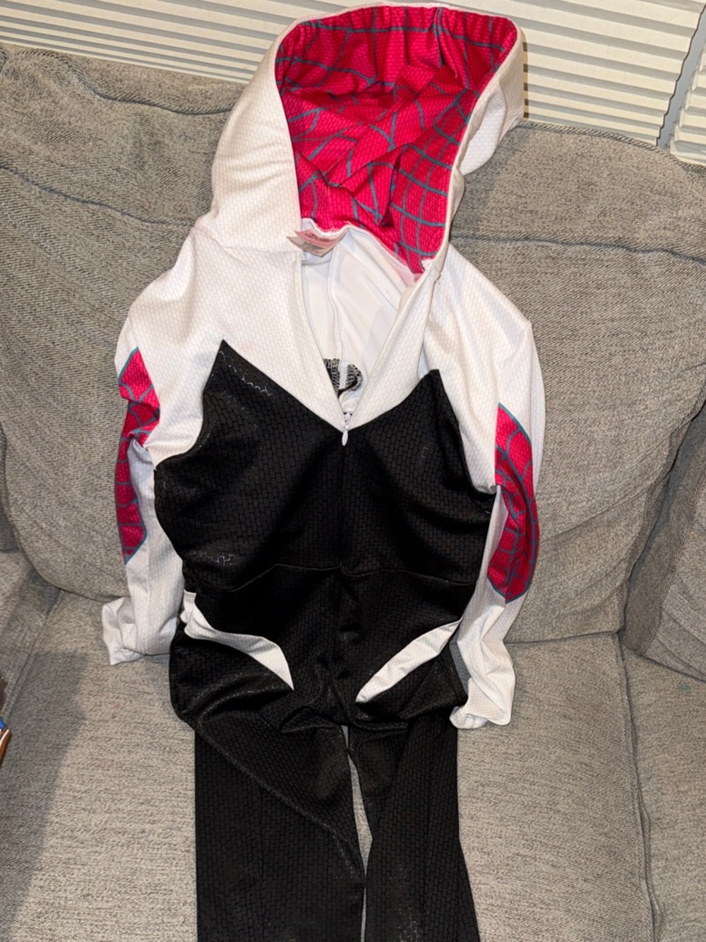 Girls White & Black Spider-Style Hooded Footsie Costume with Pink Accents